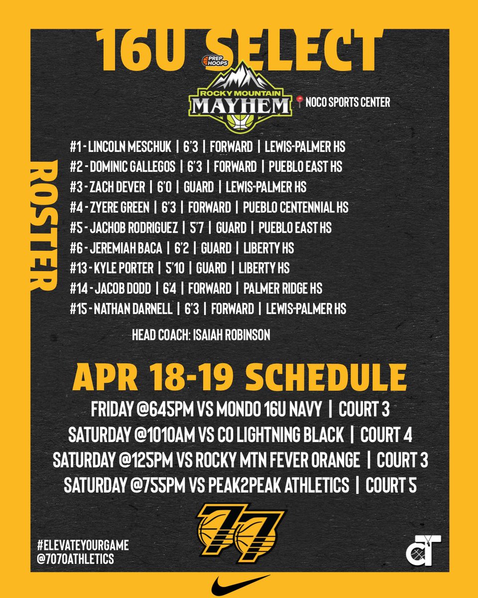 16U Weekend Schedule Release for <a href="/PHCircuit/">Prep Hoops Circuit 🏀</a> #RockyMtnMayhem!

Updates throughout the weekend will be posted here and to our IG story (<a href="/7070Athletics/">7070Athletics</a>)

**Any schedule changes can be found on the Prep Hoops App**

#ElevateYourGame | #WeComin |  #LoyalToTheSprings