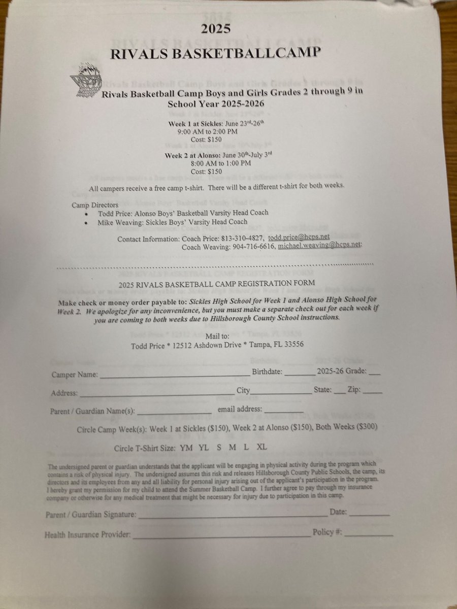 🏀Rivals Basketball Camp is back! 

🗓️Week 1: June 23rd-26th at Sickles 
🗓️Week 2: June 30th-July 3rd at Alonso 

Register now, can’t wait to see everyone on the court!