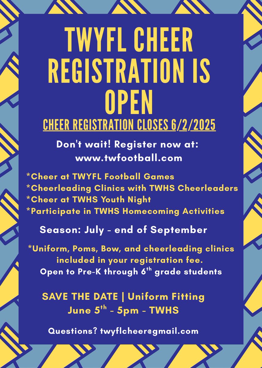 Sideline Cheer: 
Open to pre-K through 6th grade. No experience necessary!