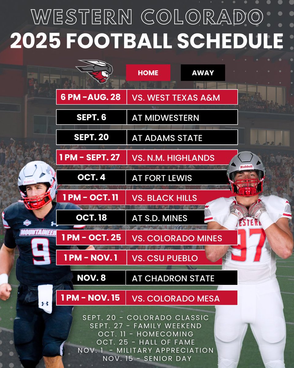 The Mountaineer’s 2025 Football Schedule has been released… The first HOME game will be Thursday Aug. 28 at 6pm… All following regular season home games will be played at 1pm ‼️🏈 

More info regarding away games will be provided when they become available!! 

#GoMountaineers