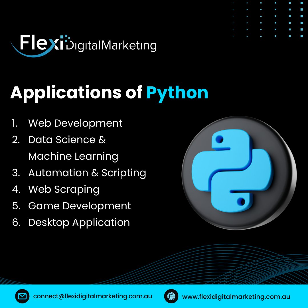 FlexiDigitalM's tweet image. Applications of Python 💻⚙️
Ready to elevate your marketing strategy with Python-driven innovation? Let’s talk!
#FlexiDigitalMarketing #PythonForBusiness #DigitalMarketingTools #PythonApplications #InnovateWithFlexi