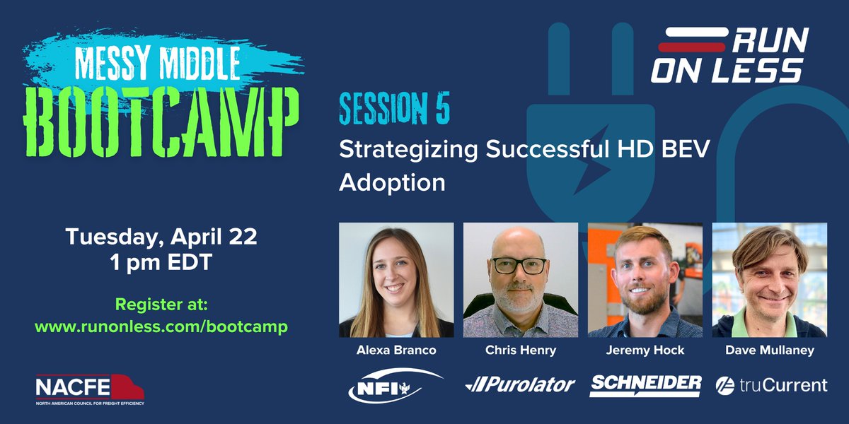 RunOnLess (@runonless) on Twitter photo Get ready for <a href="/NACFE_Freight/">North American Council for Freight Efficiency</a> – #MessyMiddle #Bootcamp Session 2 in the BEV series, Tues April 22. Join us at 1pm ET for Strategizing Successful HD BEV Adoption, the 2nd of 3 sessions in the #BatteryElectricVehicle #Technology Unit.
Learn with us: runonless.com/bootcamp/ Get ready for <a href="/NACFE_Freight/">North American Council for Freight Efficiency</a> – #MessyMiddle #Bootcamp Session 2 in the BEV series, Tues April 22. Join us at 1pm ET for Strategizing Successful HD BEV Adoption, the 2nd of 3 sessions in the #BatteryElectricVehicle #Technology Unit.
Learn with us: runonless.com/bootcamp/