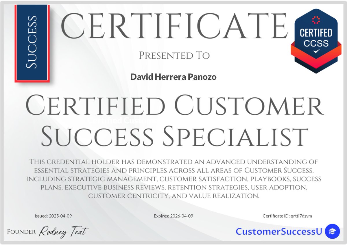 CSMcertificates's tweet photo. Announcing David Herrera Panozo has successfully completed all requirements and holds the title of Certified Customer Success Specialist (CCSS) by https://t.co/uxG1yHYUTl #CertifiedCustomerSuccess #CustomerSuccessCertified #CustomerSuccess #CSMCertification #CustomerSuccessU https://t.co/XZmbiMcRwF