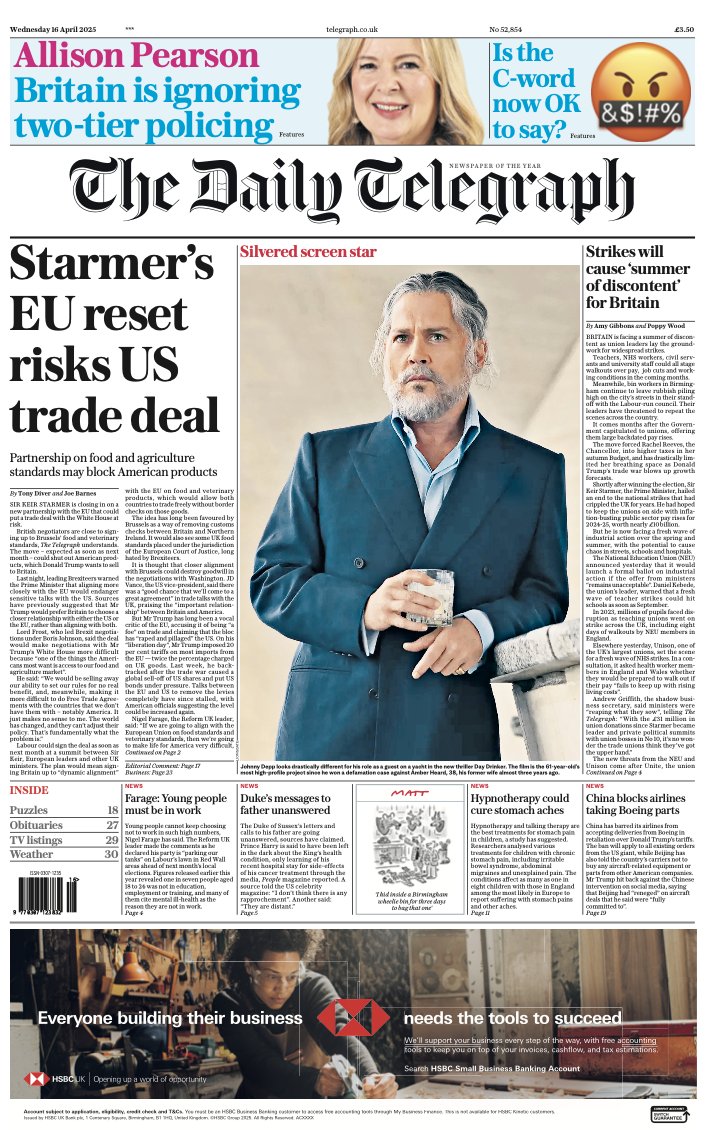 📰The front page of Wednesday's Daily Telegraph: 

‘Starmer’s EU reset risks US trade deal’

#TomorrowsPapersToday