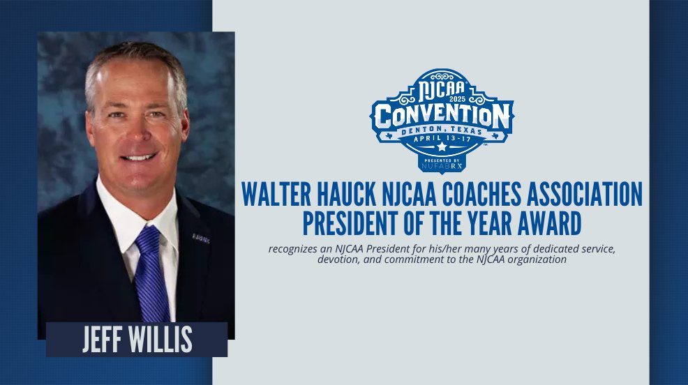 Jeff Willis has been awarded the 2024-25 Walter Hauck #NJCAA Coaches Association President of the Year award!

Willis has dedicated many years of service, devotion, and commitment to the NJCAA organization.

📰njcaa.org/general/2024-2…