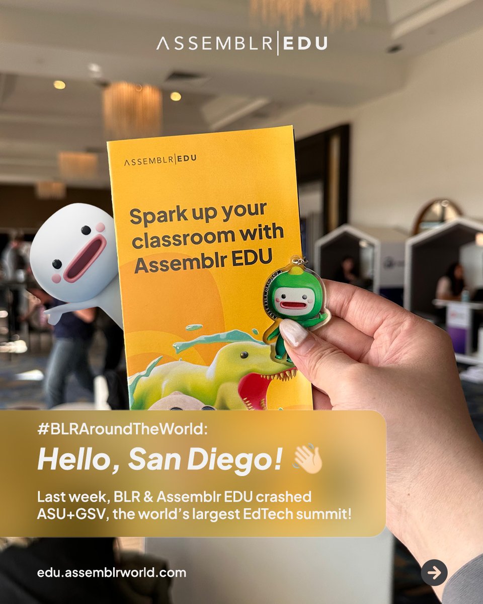 assemblrworld's tweet image. This is BLR reporting straight from San Diego! 👋🏻

We have just crashed ASU+GSV, the world’s largest EdTech summit.

🧵 Read this Thread to join our journey of #BLRAroundTheWorld 🌎

#AssemblrEDU #ASUGSVSummit #EdTechAdventure #SanDiego