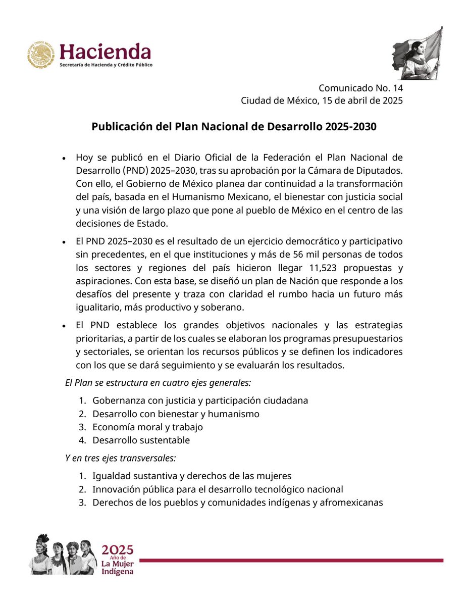 Hacienda_Mexico's tweet photo. Publicación del Plan Nacional de Desarrollo 2025-2030.

https://t.co/iAMDd076O9

#ComunicadoHacienda https://t.co/IQ9pleLfdl