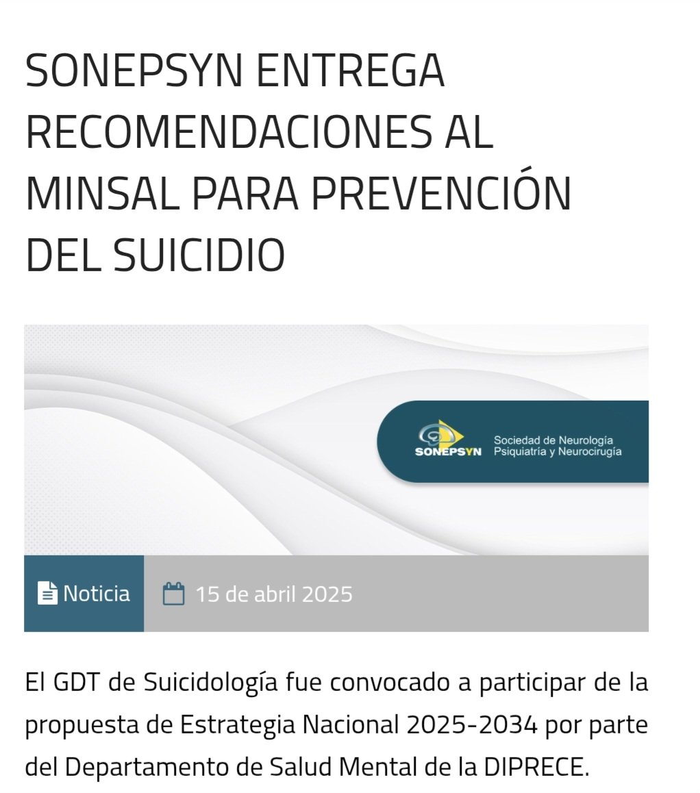Sonepsyn Chile (@sonepsynchile) on Twitter photo Debido a la necesidad de actualizar la Estrategia Nacional para la Prevención del Suicidio que data de 2013, la Sociedad de Neurología, Psiquiatría y Neurocirugía fue convocada a revisar propuesta y entregar sus aportes al Ministerio de Salud.
sonepsyn.cl/web/noticia.ph… Debido a la necesidad de actualizar la Estrategia Nacional para la Prevención del Suicidio que data de 2013, la Sociedad de Neurología, Psiquiatría y Neurocirugía fue convocada a revisar propuesta y entregar sus aportes al Ministerio de Salud.
sonepsyn.cl/web/noticia.ph…