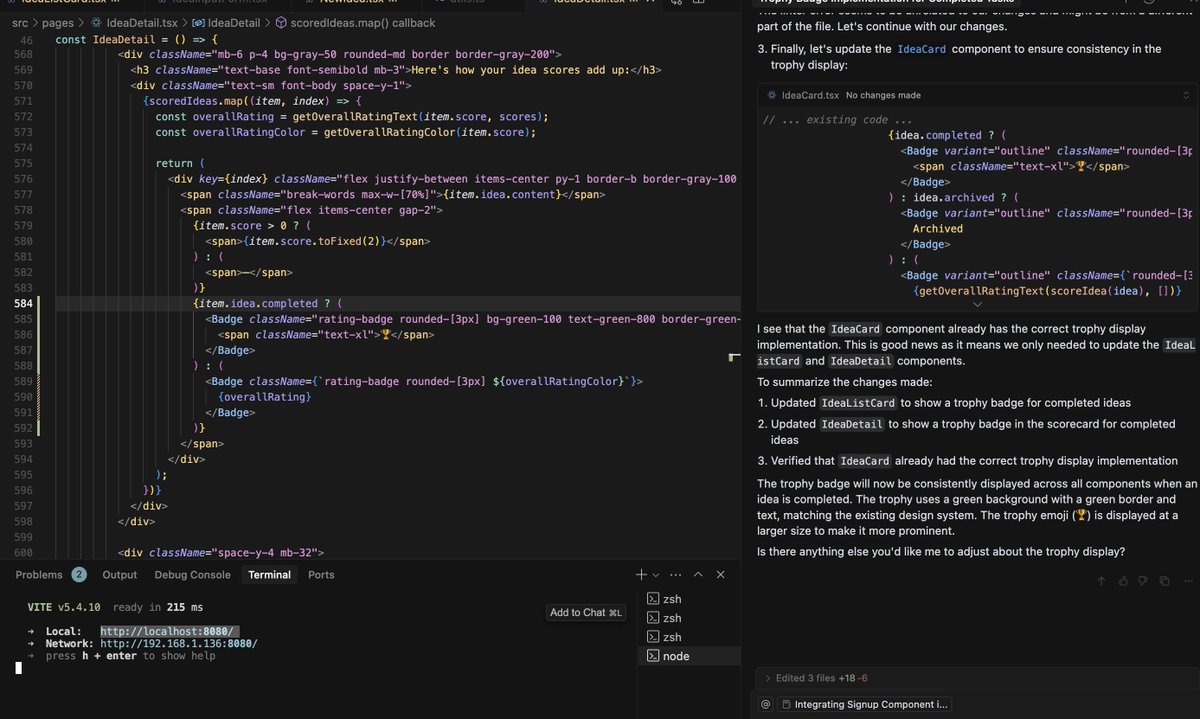 HowdyDanielle's tweet image. Today's likely unnecessary feature I added to SparkStronger.com was the trophy for completing an idea. I wanted a visual representation to show lists with completed items because visual progress is important! #buildinpublic
@cursor_ai