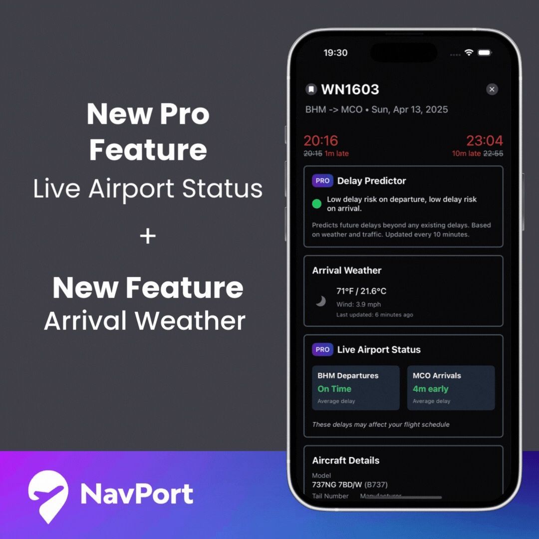 Arrival Weather and "Live Airport Status" (NavPort Pro) have just been launched. The Live Airport Status feature determines the average departure and arrival delays at airports along the flight path and additionally incorporates this data into the delay predictor feature.