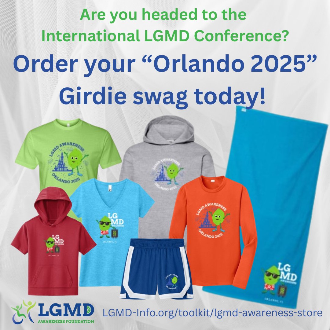 Are you headed to the International LGMD Conference this summer?   💚 Order your "Orlando 2025" Girdie swag today!  (Good news, international shipping is available)

Place your order at LGMD-Info.org/toolkit/lgmd-a…

#LGMDawareness
#TogetherWeAreStronger
#LimeGreen4LGMD