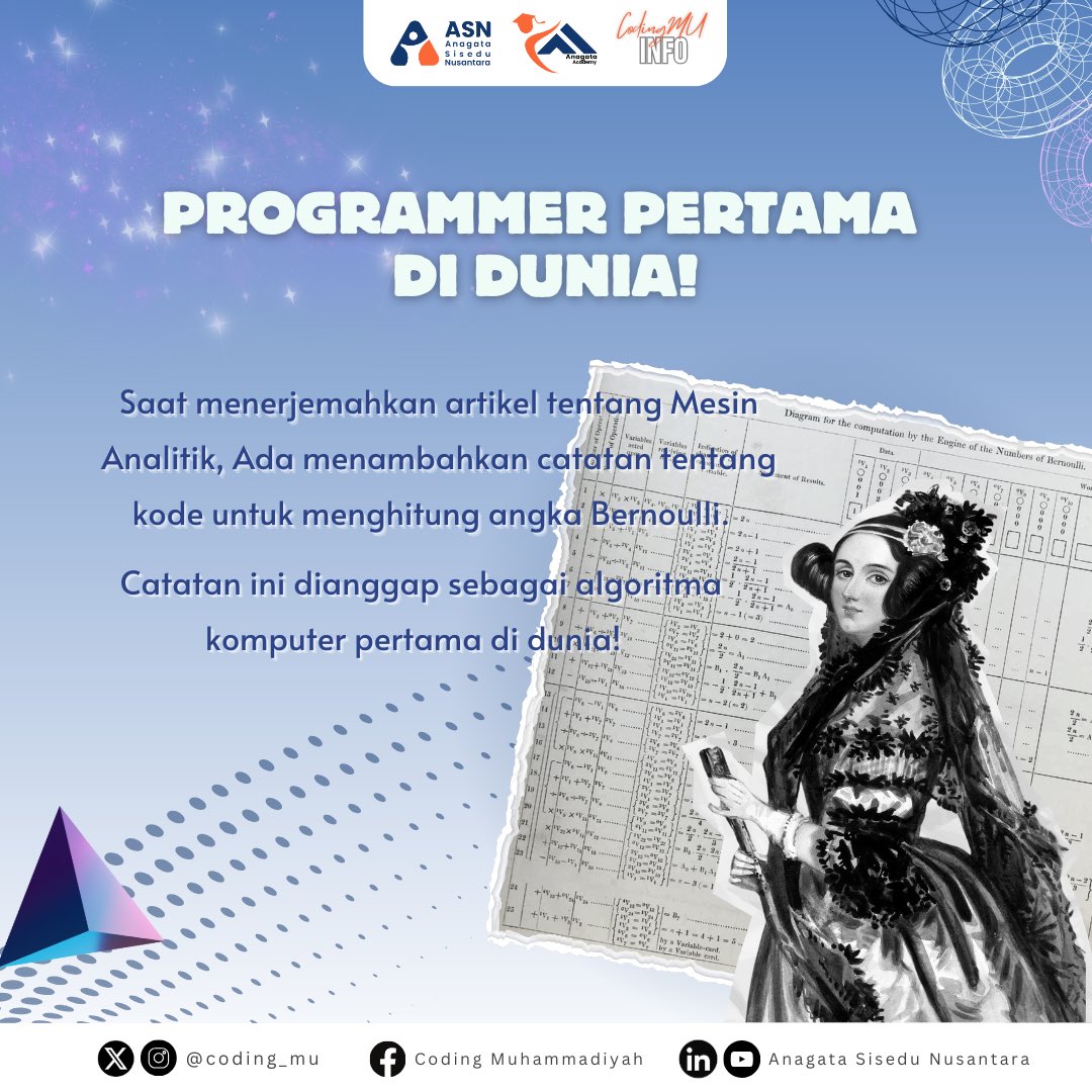 coding_mu's tweet image. ❌ Cewek di kamar ngafalin dc stecu-stecu
✅ Cewek aristokrat tahun 1800-an, ngoding buat mesin yang belum jadi
📌 Programmer pertama di dunia? Ya jelas Ada Lovelace lah, siapa lagi 😮‍💨

#CodingMU #ASN #kamuharustau #sejarah #AdaLovelace #coding #program #programming #history