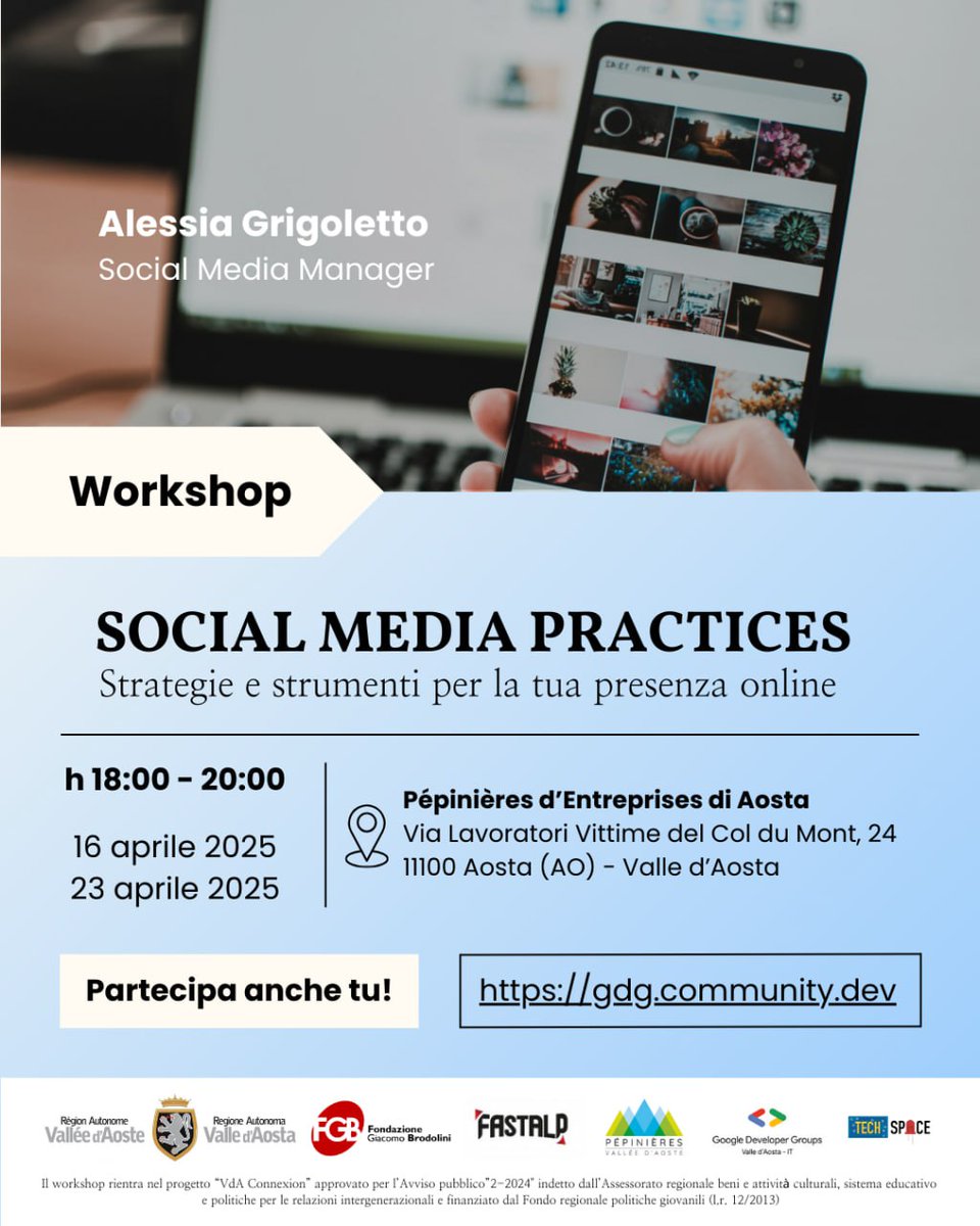 #workshop

Appuntamento al nostro Tech Space di Aosta, questa sera, con Alessia Grigoletto (ajisaimedia).

L’evento a cura di <a href="/gdgvda/">GDG Valle d'Aosta</a>  sarà trasmesso anche in streaming 📺

✏️ Per info e iscrizioni vi rimandiamo alla piattaforma lnkd.in/duxQYUkB 🔗