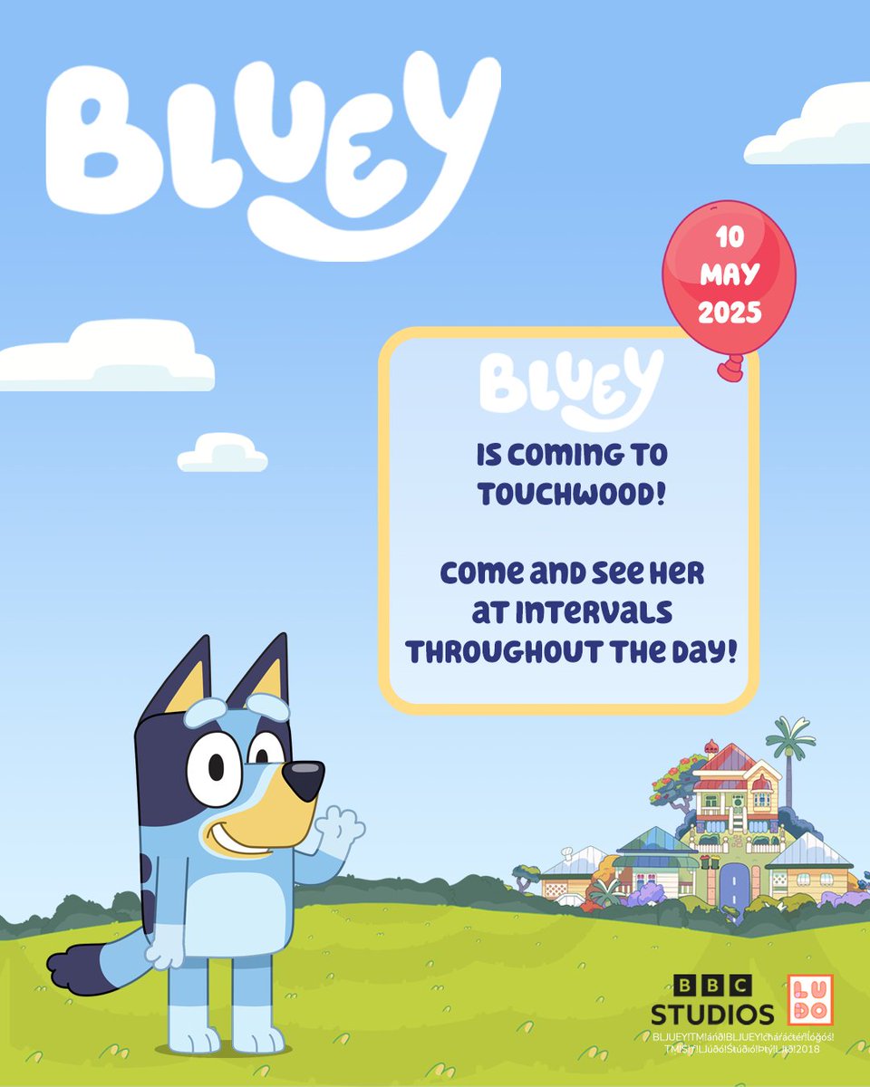 wearetouchwood's tweet photo. Bluey is coming to Touchwood Solihull on Saturday, 10th May! 🎈

She’ll be making special appearances at intervals between 11am and 4pm, so don’t miss your chance to meet her, and maybe even snap a selfie! 📸

#Bluey #MeetBluey #Solihull #solihullmums #brummiemummies https://t.co/Aj5icgL5Ng