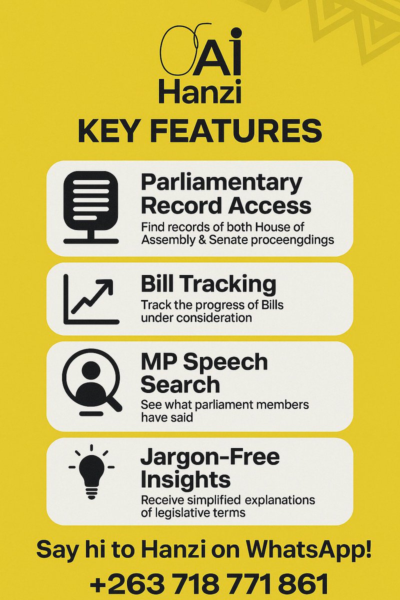 OpenCouncilHRE's tweet image. How to Use Hanzi AI WhatsApp Chat bot:
Save this number: +263 718 771 861
Open WhatsApp and send a message: “Hi”
Follow the prompts from Hanzi and begin exploring
Whether you're researching a speech, checking up on Parliament, or simply want to stay informed — Hanzi is your…