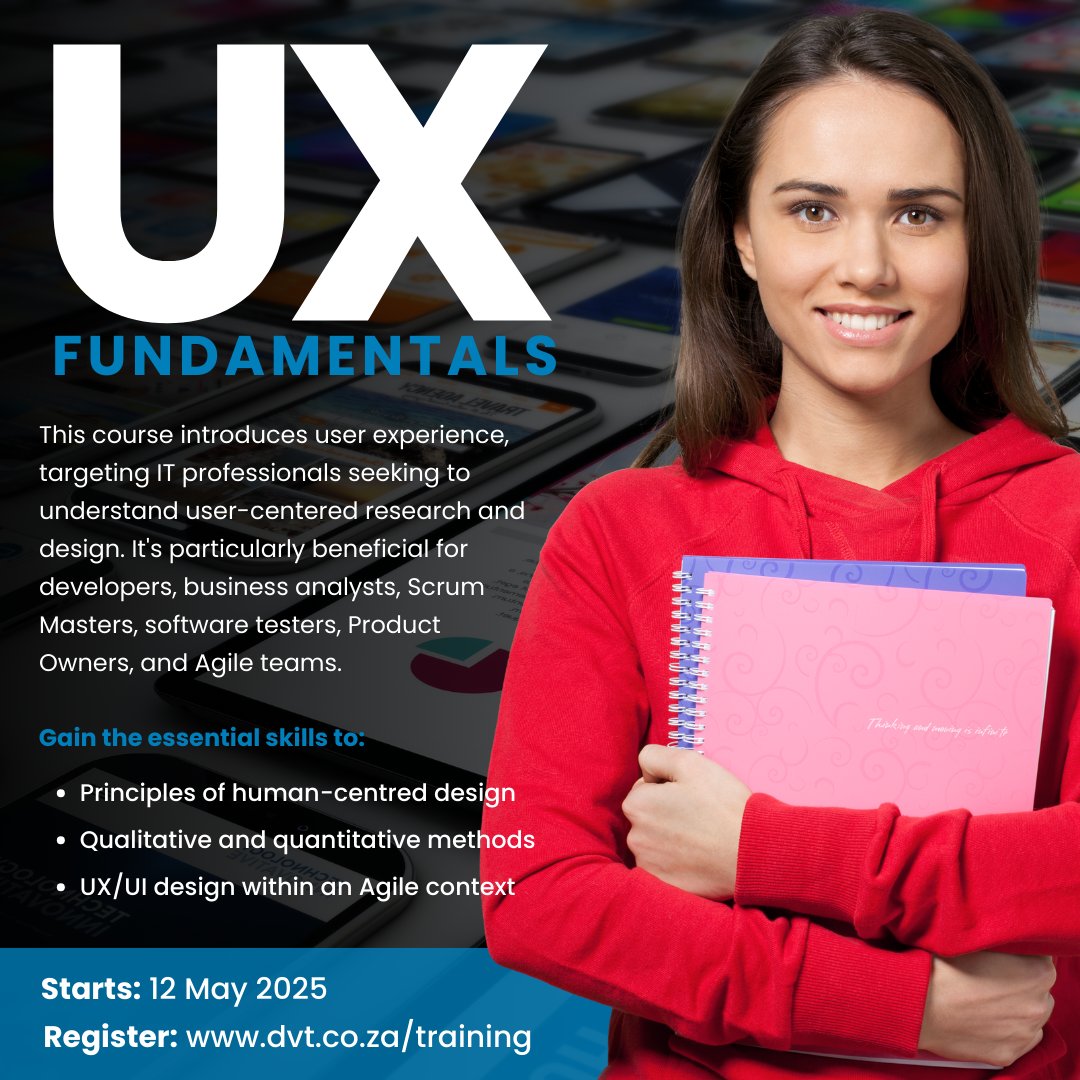 🎨 Understand what makes great digital experiences! The UX Fundamentals Course is a 3-day live online course covering human-centred design, research methods &amp; Agile UX.
📅 Starts 12 May 2025
🔗 dvt.co.za/training-cours…
#UXDesign #UserExperience #DVTAcademy #AgileUX