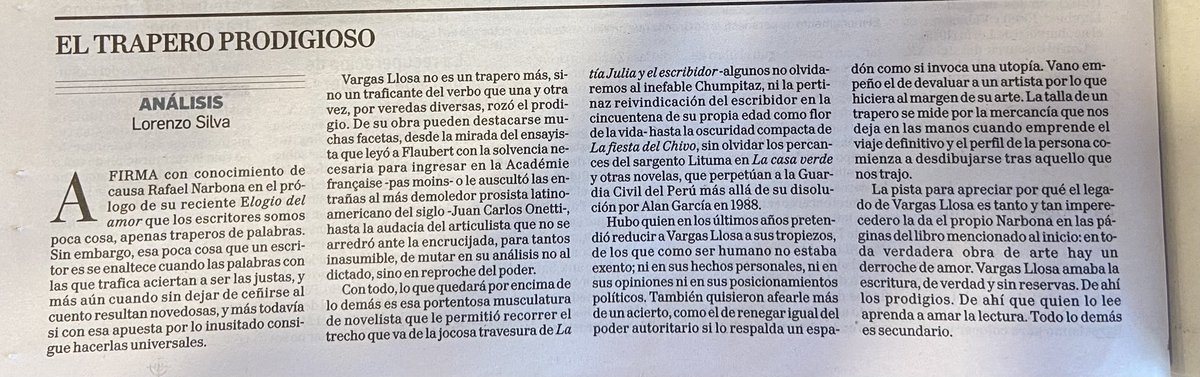 Muy bueno esto de <a href="/VilaSilva/">Lorenzo Silva</a> sobre Vargas Llosa 👏🏼👏🏼👏🏼