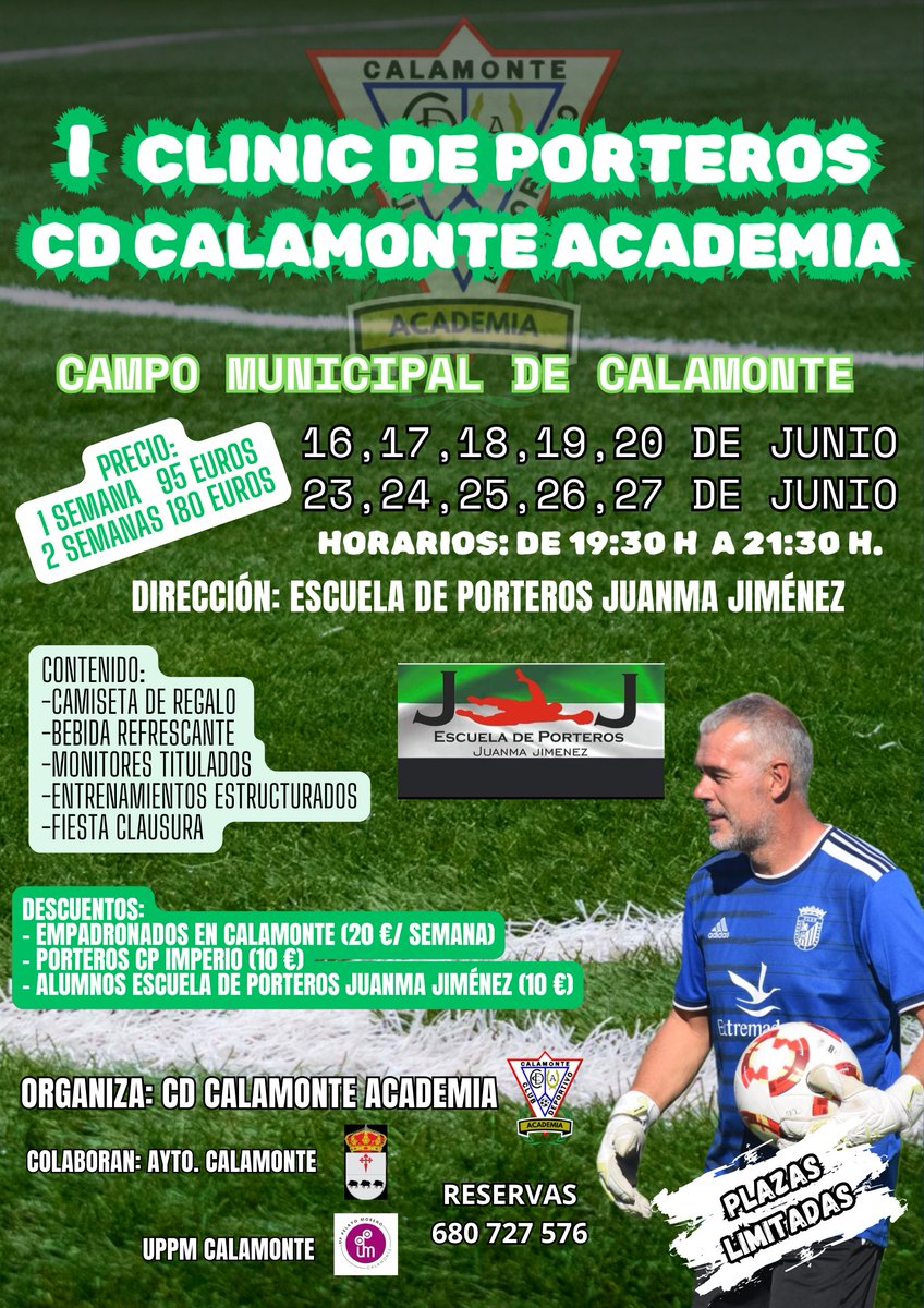 Queremos presentar nuestro I CLINIC DE PORTEROS CD CALAMONTE ACADEMIA, dirigido por la prestigiosa Escuela de Porteros JUANMA JIMÉNEZ <a href="/Juarrma/">Juan Manuel Jiménez</a>. Desde ya, abrimos el plazo para las reservas de participantes.