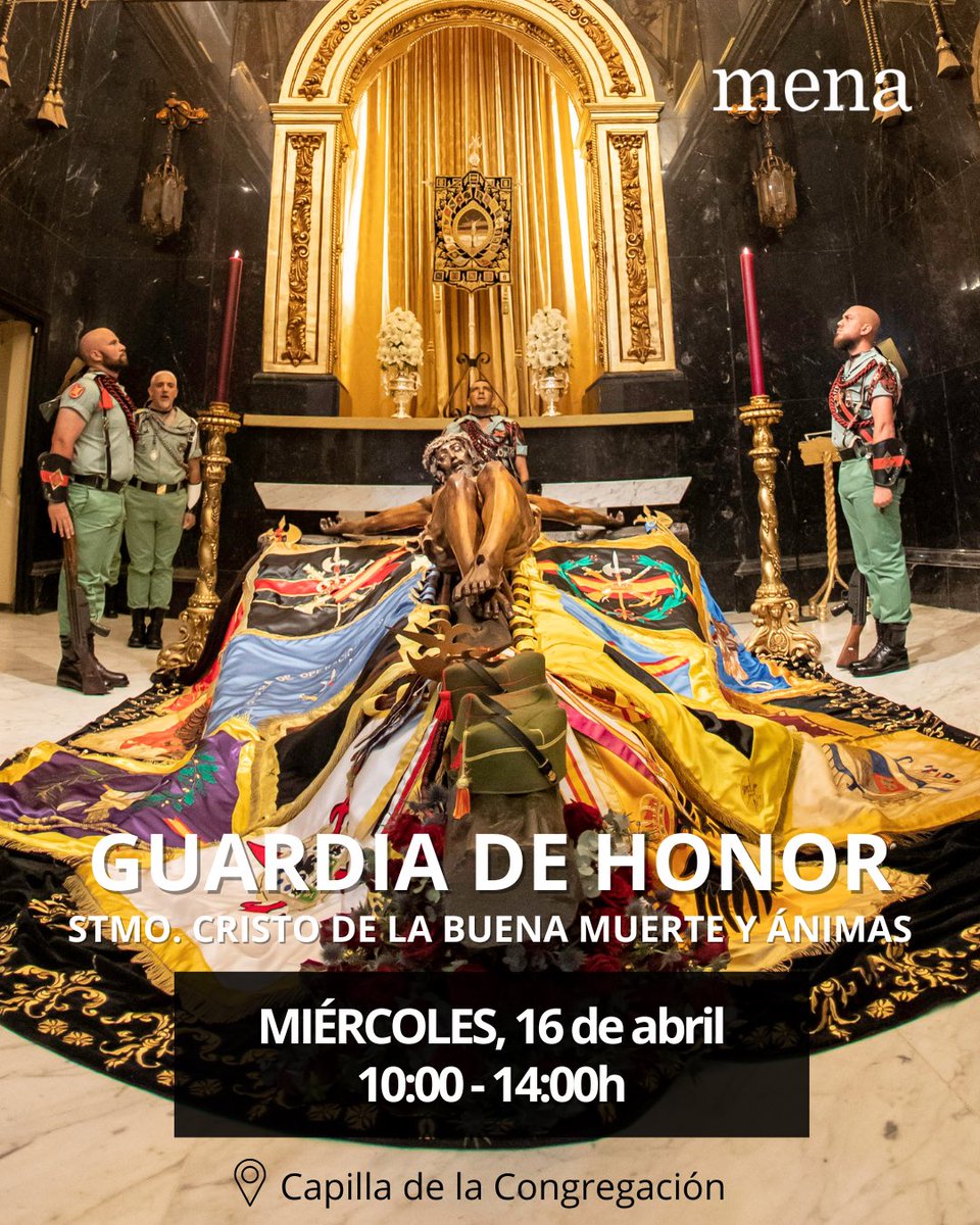 cofradiamena's tweet photo. ⚜️Programa de Actos: MIÉRCOLES SANTO 16/04
 
Horario de guardia de honor al Stmo. Cristo de la Buena Muerte y Ánimas y visita en su trono procesional a Ntra. Sra. de la Soledad.

⌚️10:00-14:00h
📍Capilla de la Congregación, Salón de Tronos

#CofradiasMLG #MiércolesSanto #Mena2025 https://t.co/BOaUm2HKfo