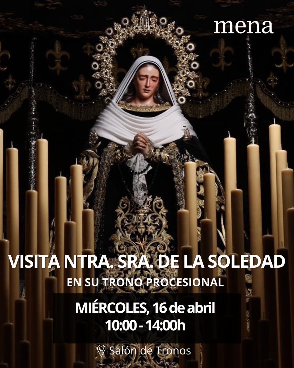 cofradiamena's tweet photo. ⚜️Programa de Actos: MIÉRCOLES SANTO 16/04
 
Horario de guardia de honor al Stmo. Cristo de la Buena Muerte y Ánimas y visita en su trono procesional a Ntra. Sra. de la Soledad.

⌚️10:00-14:00h
📍Capilla de la Congregación, Salón de Tronos

#CofradiasMLG #MiércolesSanto #Mena2025 https://t.co/BOaUm2HKfo