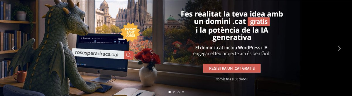 A Nominalia ja estem en mode Sant Jordi! 🌹
Vine a nominalia.cat i registra gratis el teu domini .CAT amb WordPress amb IA i crea un lloc web en un tres i no res gràcies a la IA generativa! Afanya't! 
#SantJordi #SantJordi2025 #DominiCAT #DominiGratis #Catalunya #IA
