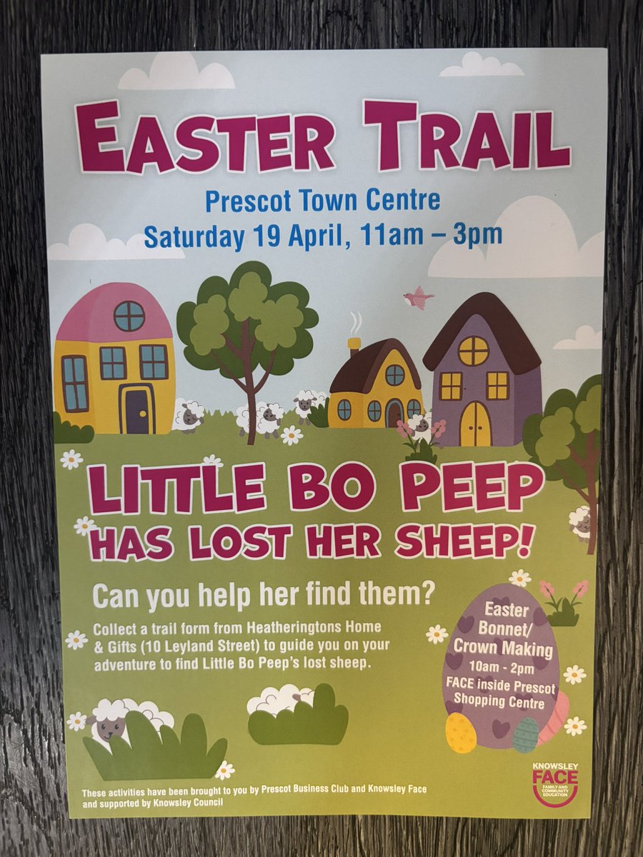 JessieAndCo_'s tweet image. Help Little Bo Peep find her sheep!  Easter Trail and crafts in Prescot Town Centre this Saturday 🐑 

#Easter2025 #Prescot #activitiesforkids #daysout