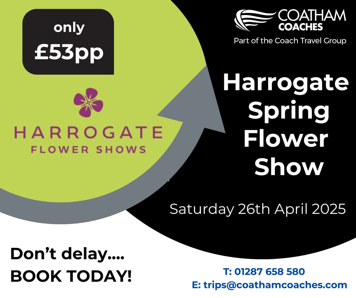 Roll up, Roll up!
Get ready for one of the hottest tickets in the horticultural calendar.... the Harrogate Spring Flower Show!
Our price includes luxury transport, top quality drivers and entry into the event for the day.
So, don't delay.....book TODAY!