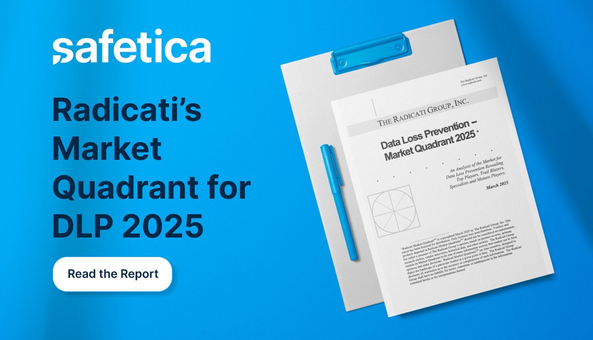Safetica is a Trail Blazer in Radicati’s 2025 DLP Market Quadrant! 🚀 

As insider threats, compliance pressure &amp; cloud risks grow, modern AI-driven DLP is a must. 

See why Safetica leads in risk prevention. 
📥 Download the report: hubs.li/Q03fGp8T0 

#CyberRisk #DLP