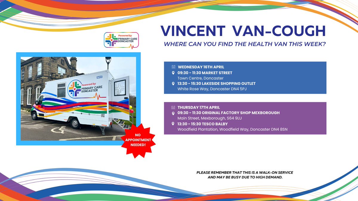 🚍 Vinnie will be on the road over the next two days, offering drop-in GP clinics at different locations around Doncaster.

Join us on board - no appointment is needed!

⚠️ Please note: there will be no sessions on Friday due to the Easter Bank Holiday.

primarycaredoncaster.co.uk/services/vince…