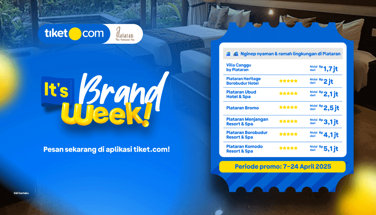 tiket's tweet photo. Aslinya nginepnya pake promo! Bisa lebih hemat nginep di banyak pilihan penginapan mewah Plataran Indonesia!
https://t.co/TKAkso3iwl
Pesan kamar hotel di https://t.co/AT2gGfPEm8 sekarang!
#SemuaAdaTiketnya #PromoLiburan #Plataran https://t.co/DI9A6IRW3m