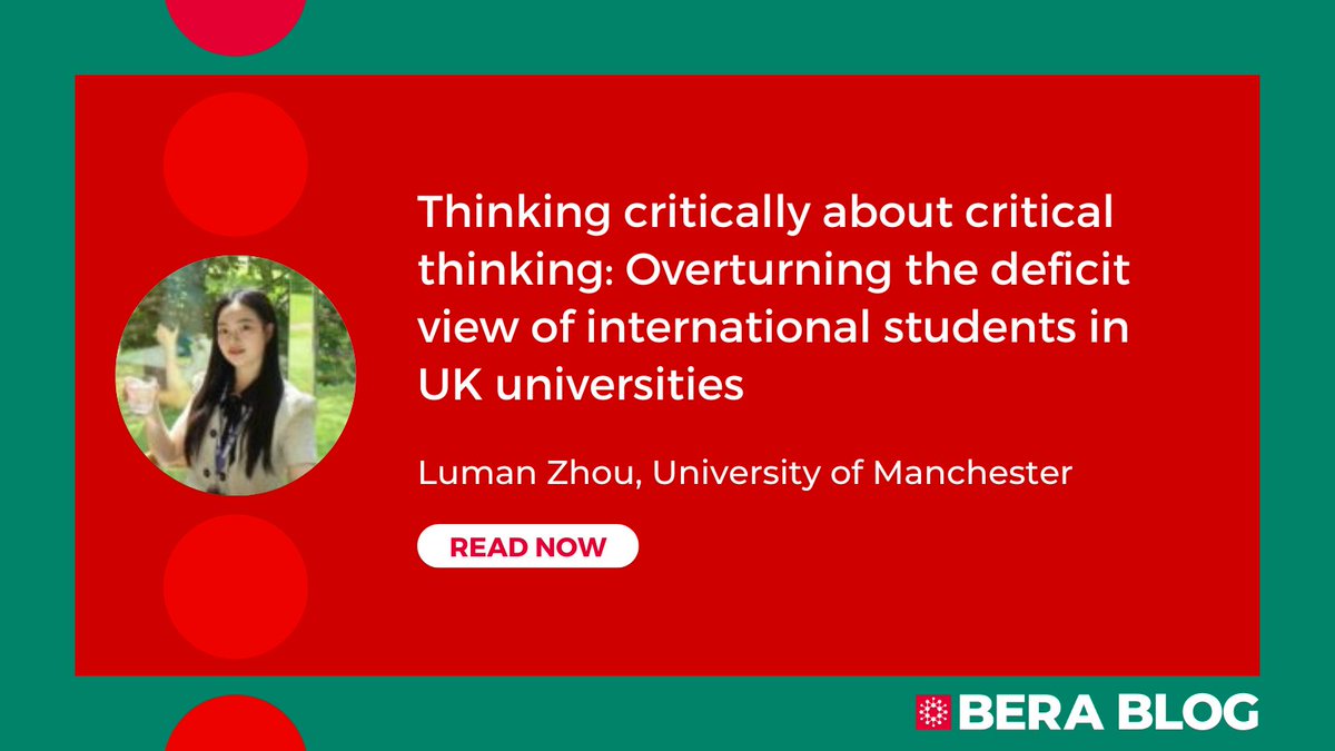 BERA (@beranews) on Twitter photo 📝 NEW BLOG POST
Thinking critically about critical thinking: Overturning the deficit view of international students in UK universities
By <a href="/Mandy_LumanZHOU/">Luman Zhou</a>, <a href="/EducationUoM/">Manchester Institute of Education (MIE)</a>
Read here: bera.ac.uk/blog/thinking-… 📝 NEW BLOG POST
Thinking critically about critical thinking: Overturning the deficit view of international students in UK universities
By <a href="/Mandy_LumanZHOU/">Luman Zhou</a>, <a href="/EducationUoM/">Manchester Institute of Education (MIE)</a>
Read here: bera.ac.uk/blog/thinking-…