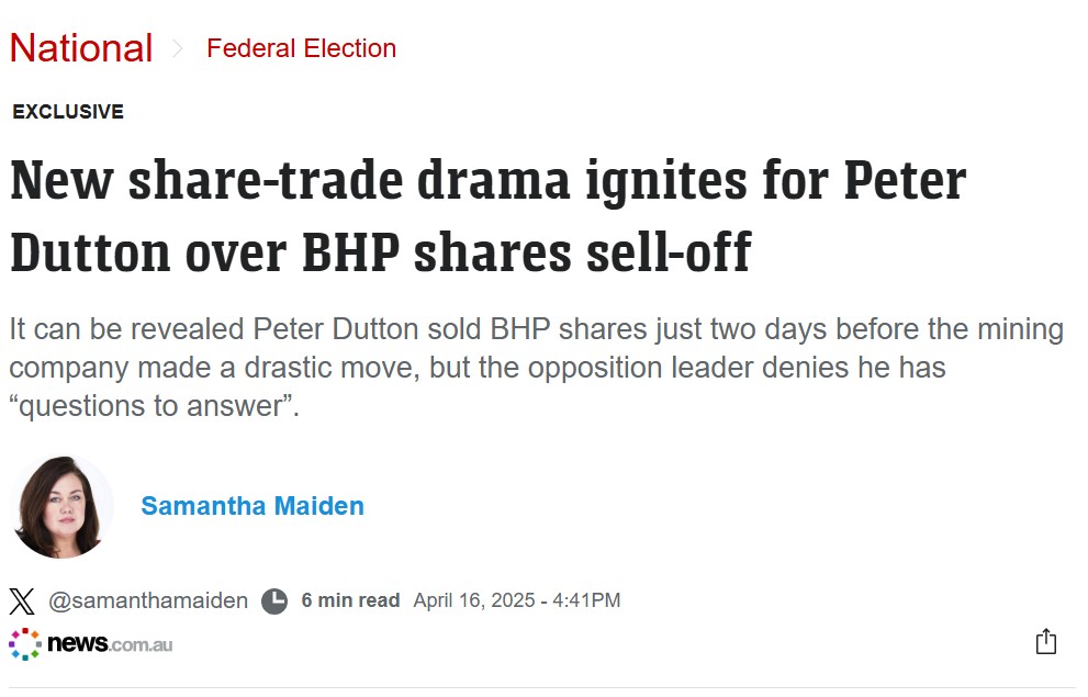 Dutton sold BHP shares in 2008, days before 3,300 job cuts tanked the stock 8.5%.

Some people are just repeatedly lucky.