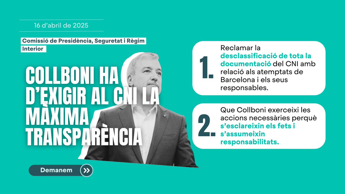 Collboni ha d’exigir al CNI la màxima transparència ❗

➡️ Reclamar la desclassificació de tota la documentació del CNI amb relació als atemptats de Barcelona.

➡️ Exercir les accions necessàries perquè s’esclareixin els fets i s’assumeixin responsabilitats.