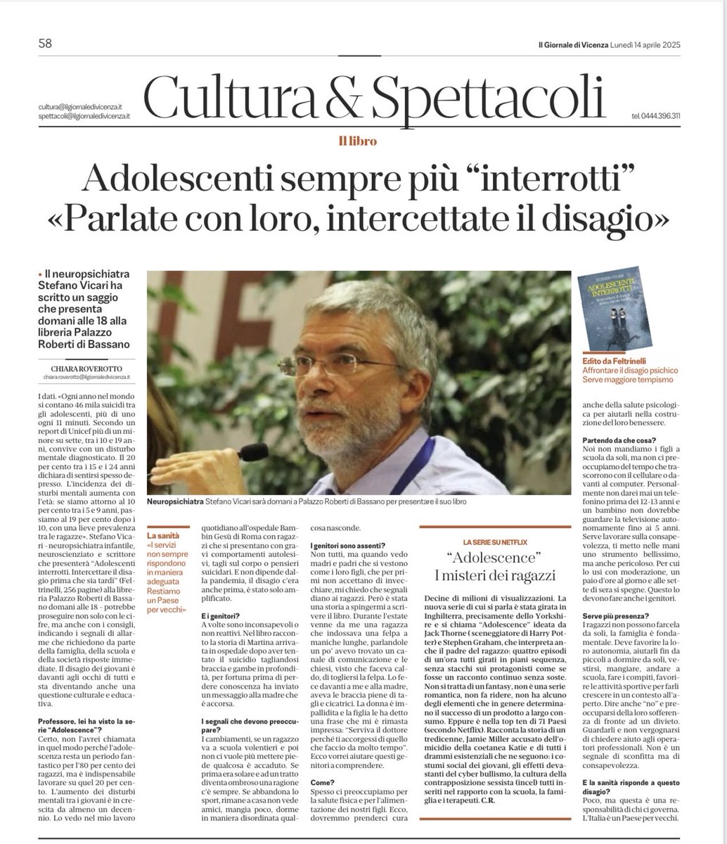 ⁦<a href="/GiornaleVicenza/">Il Giornale di Vicenza</a>⁩ ⁦<a href="/feltrinellied/">Feltrinelli Editore</a>⁩ ⁦<a href="/PalazzoRoberti/">Palazzo Roberti</a>⁩ ⁦<a href="/VicariStefano/">stefano vicari</a>⁩ Parlare e scrivere di disagio giovanile e’ sempre più importante . “Adolescenti interrotti” il nuovo libro di Stefano Vicari neuropsichiatra.