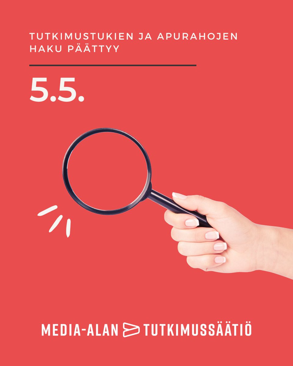 Kevään viimeinen haku media-alan apurahoille ja tutkimustuille päättyy ma 5.5.

Myönnämme tukea tutkimus-, kehitys- ja innovaatiohankkeille sekä jaamme henkilökohtaisia apurahoja, stipendejä ja matka-avustuksia alalla toimiville henkilöille.

Lue lisää: mediaalantutkimussaatio.fi/tutkimustuki-a…