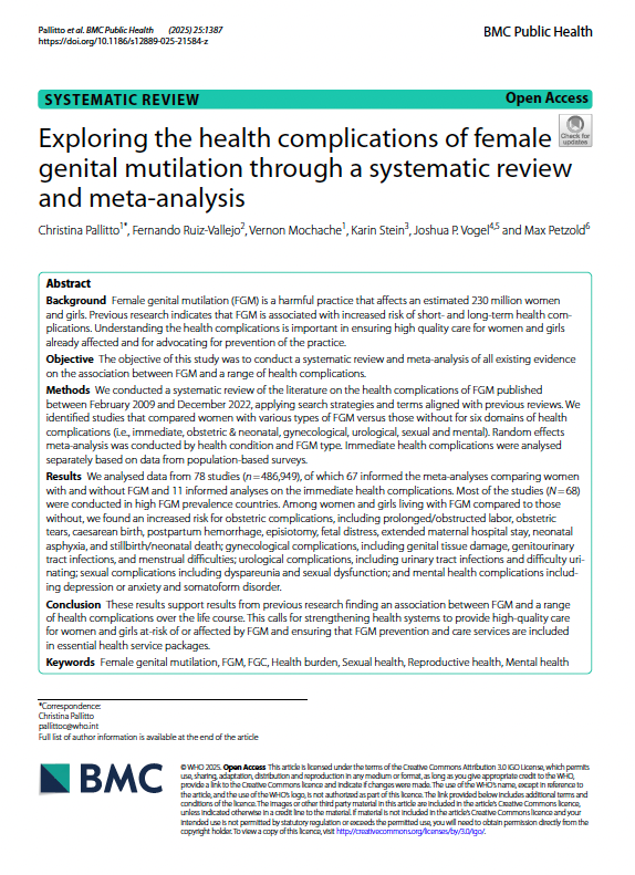 🚨FGM is linked to serious health complications — from obstetric and mental health issues to infections and sexual dysfunction.

Our new systematic review underscores the need for stronger care and prevention.

📚 bit.ly/42xnNwz

📜New WHO guidelines on #FGM coming soon!