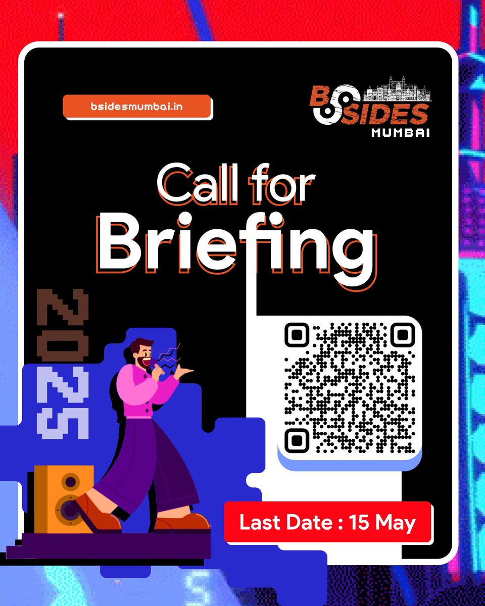 BSidesMumbai's tweet image. 🚨 Call for Briefings is LIVE! 🚨
Are you hacker, researcher or builder with something the world needs to hear?

🗓️ Submission Deadline: May 15th, 2025
📍 Venue:  (TBA)

Be a part of something legendary. Submit your talk now:
👉 forms.gle/343XK6pPsC5Km5…
