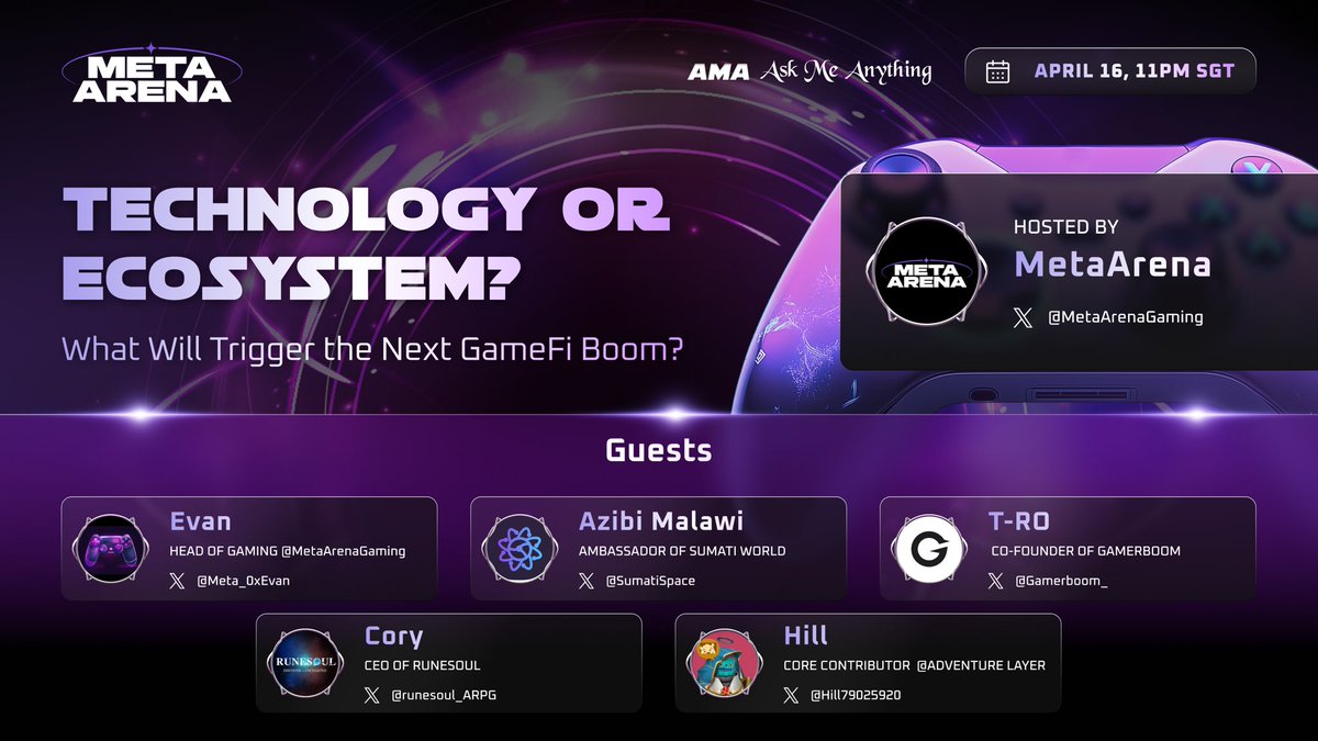 Meta Arena (@metaarenagaming) on Twitter photo 📣Get ready to join MetaArena’s Upcoming AMA!
🗓️April 16th, 11PM SGT
📚Topic: What will trigger the next #GameFi boom — cutting-edge technology or a thriving ecosystem?
🔗 x.com/i/spaces/1mrGm…
Welcome our guests:
🤝<a href="/Meta_0xEvan/">Evan | MetaArena</a>, Head Of Gaming at MetaArena
🤝Azibi, 📣Get ready to join MetaArena’s Upcoming AMA!
🗓️April 16th, 11PM SGT
📚Topic: What will trigger the next #GameFi boom — cutting-edge technology or a thriving ecosystem?
🔗 x.com/i/spaces/1mrGm…
Welcome our guests:
🤝<a href="/Meta_0xEvan/">Evan | MetaArena</a>, Head Of Gaming at MetaArena
🤝Azibi,