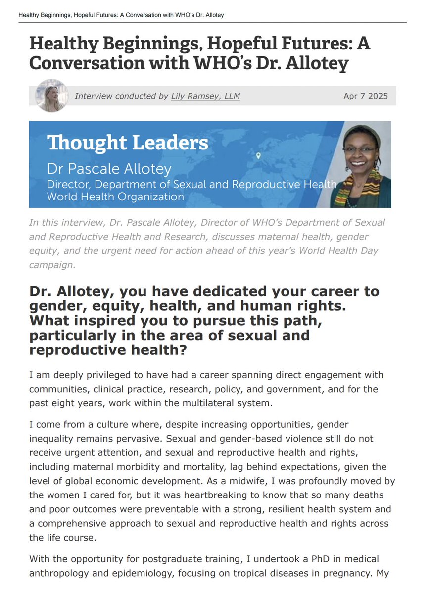 Interview w/<a href="/PascaleAllotey/">Pascale</a>:

🩺 "Maternal health is not just about motherhood. It's about equity, justice &amp; power."

The interview lays out the roadmap for ending preventable deaths &amp; rethinking women's health.

📌  bit.ly/4llYK8b

#WorldHealthDay #HopefulFutures #SRHR