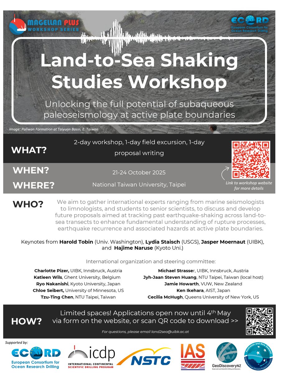 🔥APPLICATIONS NOW OPEN🔥

📢Calling all paleoseismologists!📢

🏔️➡️🌊Join us in Taiwan for the Land-to-Sea Shaking Studies Workshop to unlock the full potential of subaqueous paleoseismology at active plate boundaries!

🌐See website: sites.google.com/view/land2sea-…