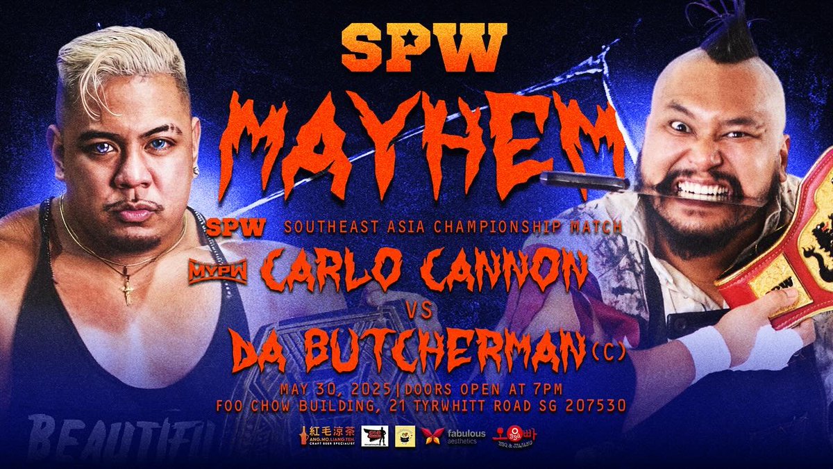 🔪 DA BUTCHERMAN defends his SPW SEA Title against CARLO CANNON at SPW MAYHEM!

🗓 30 May | 7PM 
📍Foo Chow Building,  21 Tyrwhitt Rd