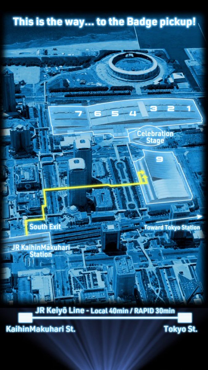 バッジ受け取りはこのルートで間違いありません
デッキルートで二つの塔の間を抜けます。
建物に入ったらエントランスを抜けてエスカレーターで一階へ。