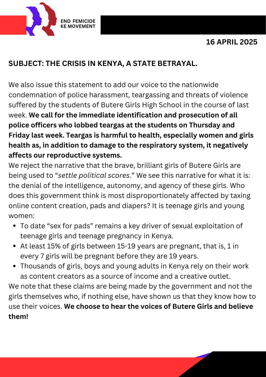 Endfemicideke's tweet photo. 🚨 OFFICIAL STATEMENT: #EndFemicideKE Movement

129 women killed by April 9, 2025.
We condemn Hanna Cheptumo’s victim-blaming, police violence against Butere Girls, and the Red Cross’ platforming of hate under the guise of “family values.”
Read our full statement 👇🏾 https://t.co/WfTAvJHF0I