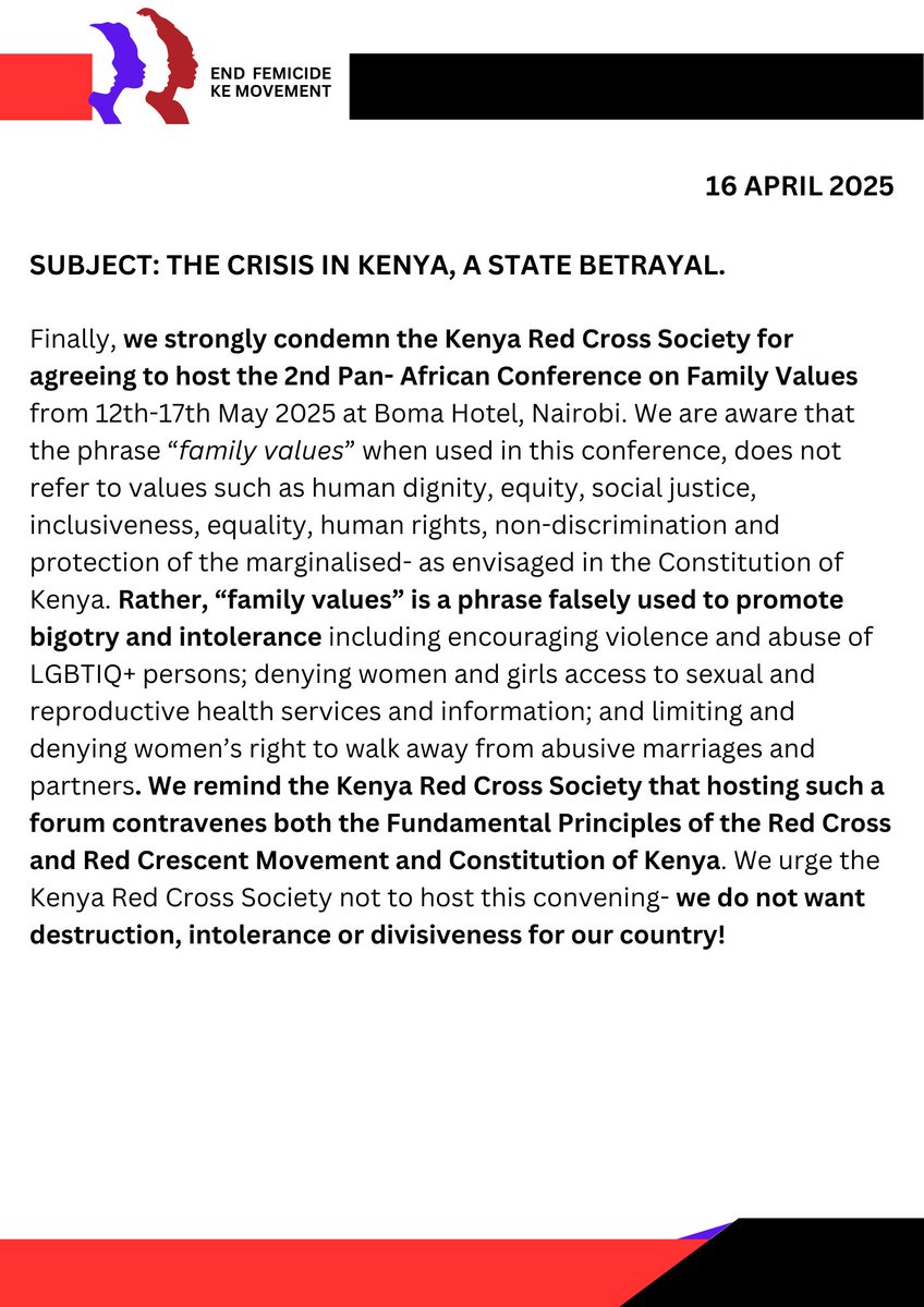 Endfemicideke's tweet photo. 🚨 OFFICIAL STATEMENT: #EndFemicideKE Movement

129 women killed by April 9, 2025.
We condemn Hanna Cheptumo’s victim-blaming, police violence against Butere Girls, and the Red Cross’ platforming of hate under the guise of “family values.”
Read our full statement 👇🏾 https://t.co/WfTAvJHF0I