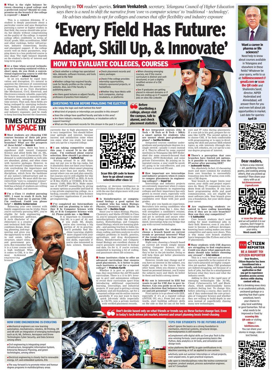 Nirupa Vatyam (@nirupatoi) on Twitter photo Every field has a future — it’s how you adapt, skill up, and innovate that matters, says Sriram Venkatesh, secretary, TGCHE.
Confused about what course to choose after Class 12?
Here’s your guide from today’s <a href="/TOIHyderabad/">TOI Hyderabad</a> <a href="/timesofindia/">The Times Of India</a>
#CareerGuidance #TOI #CoursesAfter12 Every field has a future — it’s how you adapt, skill up, and innovate that matters, says Sriram Venkatesh, secretary, TGCHE.
Confused about what course to choose after Class 12?
Here’s your guide from today’s <a href="/TOIHyderabad/">TOI Hyderabad</a> <a href="/timesofindia/">The Times Of India</a>
#CareerGuidance #TOI #CoursesAfter12