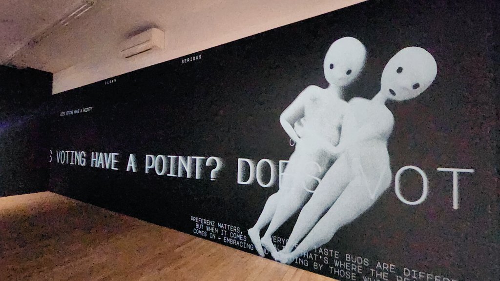 EphemeralMedia's tweet image. Sarah Rothberg&apos;s FOREVER MEETINGS interactive AI exhibition at @bitforms gallery.