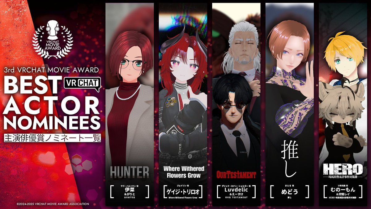 ◤◢◤◢◤◢◤◢◤◢◤◢

　　　　 第3回
  #VRCムービーアワード
　ノミネート作品発表‼️

◤◢◤◢◤◢◤◢◤◢◤◢

主演俳優賞は全5作品がノミネート✨

✅結果発表：5月10日（土）
✅鑑賞はコチラ!!
youtube.com/playlist?list=…

一般投票は間もなく受付開始!!
お見逃しなく!!

#VRChat