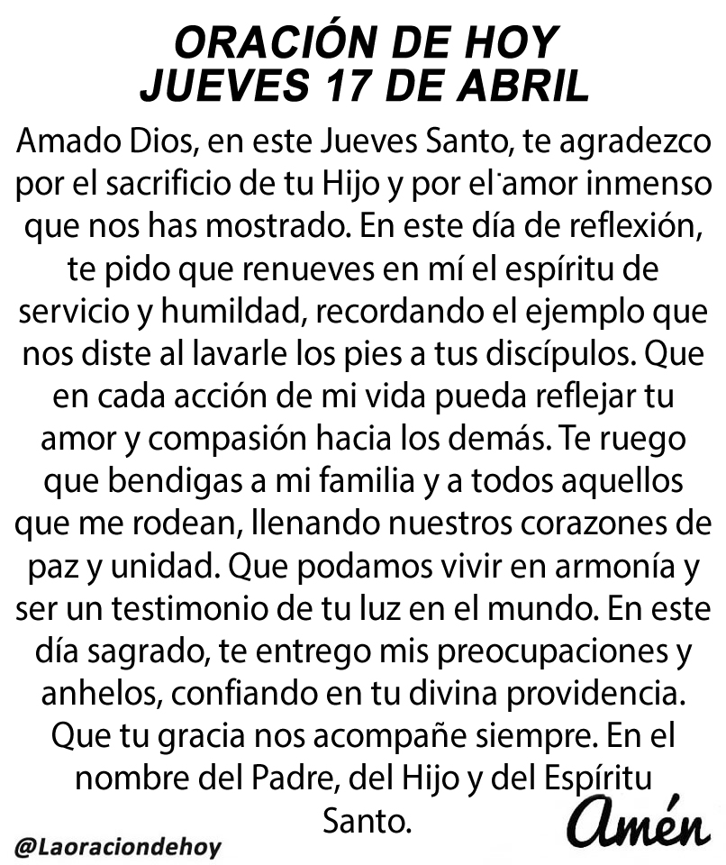 laoraciondehoy's tweet photo. Oración diaria para hoy Jueves Santo 17 de abril de 2025. https://t.co/PAYwg6CiZq