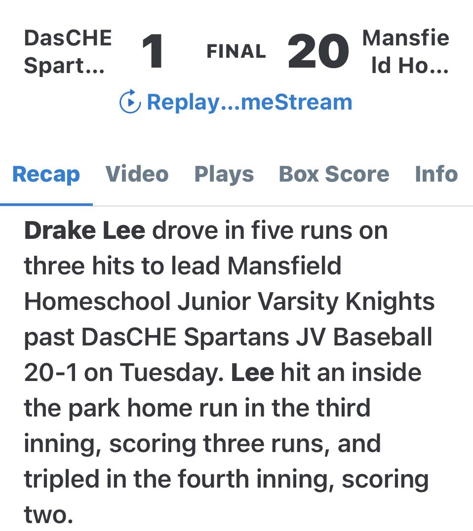 Knights JV win. Improve to 18 and 6 on the season. Drake hit for the cycle. Let’s go! Go Knights!!!