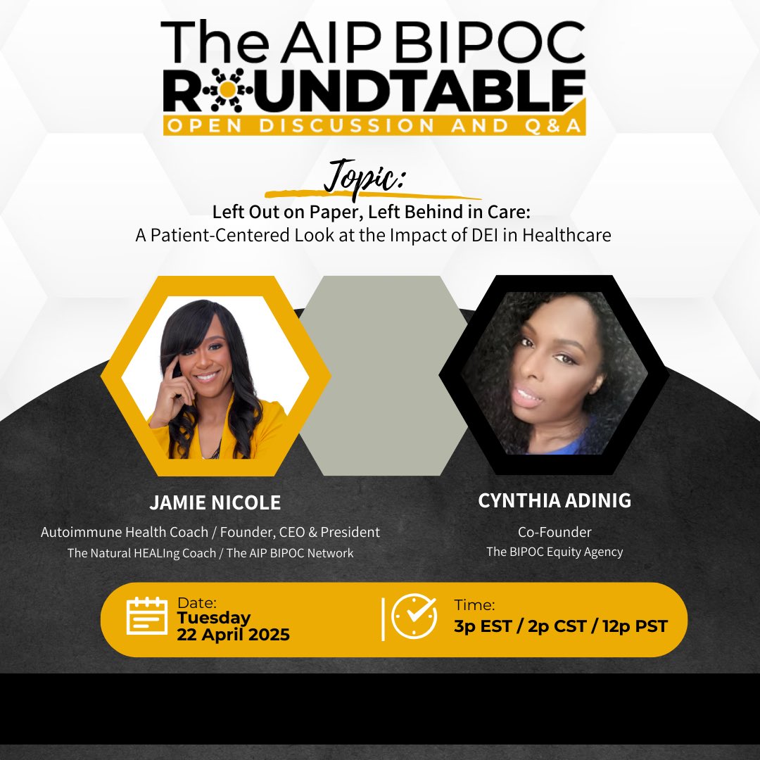 AIPBIPOC's tweet photo. Left Out on Paper. Left Behind in Care.
Join the April AIP BIPOC Roundtable for a raw, patient-centered convo on how DEI efforts in healthcare often miss the mark—and what we can do about it.
April 22 | 3p ET | Virtual
RSVP: https://t.co/QqCGvKYxxb https://t.co/KKzgcHXKsU